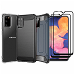 Set protectie 5 in 1 pentru Samsung Galaxy A02S SM-A025 / A03S SM-037/ M02S SM-M025, cu 3 huse antisoc,hybrid si carbon, 2 folii fullsize din ceramica, negru, dark blue, incolor, KRASSUS