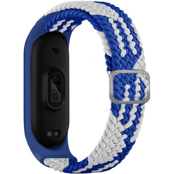 Accesoriu smartwatch Curea textila Braided Fabric compatibila cu Xiaomi Mi Band 3/4/5/6/6 NFC Albastru/Alb