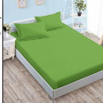 Husa de pat cu elastic 180x200 din Bumbac Finet + 2 Fete de Perna - Uni Cu Linii Verde Deschis, SONIA-HOME