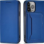 Husa din seria iPhone 14 Pro Magnet Card Case cu husa rabatabila cu functie de portofel si suport in albastru, ForIT