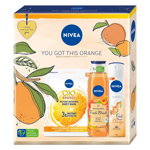 Set pentru cadou Nivea You Got This Orange: Masca servetel, gel de dus si deodorant spray