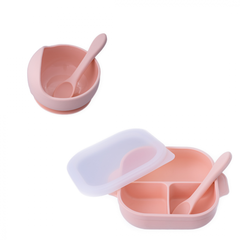 Set castron, farfurie cu ventuza, lingurita si capac roz pal, Oaki