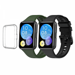 Set 2 curele pentru Huawei Watch Fit 2 Active bratara smartwatch din silicon verde negru + husa de protectie tip rama din silicon moale elecroplacat transparent, krasscom