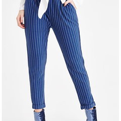 Pantaloni crop cu model in dungi si buzunare laterale - Alb/Albastru, OXXO