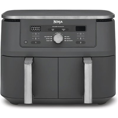 NINJA Friteuza cu aer cald Ninja Airfryer Foodi Pro DualZone DZ400EU, 2470W, 9.5L, 6 functii de gatit, 2 cosuri de 4.75L, functie Max Crisp, functie deshidratare, panou digital, cosuri si placi cu invelis ceramic, gri, NINJA