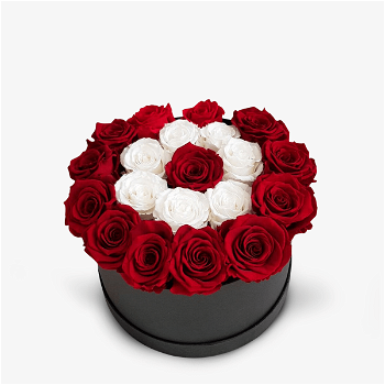 Cutie cu 23 trandafiri rosii si albi criogenati Cutie cu 23 trandafiri rosii si albi criogentai - Standard, Floria