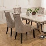 Set masa din marmura si metal "Arianna" Cream + 6 scaune tapitate cu stofa, cu picioare de lemn "Eden" Ivory, L180xl90xH75 cm