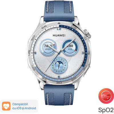 Huawei Ceas inteligent GT 5, 46 mm, carcasă din oțel inoxidabil opac, curea țesută albastră