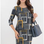 Rochie office bleumarin cu desen geometric gri-mustar