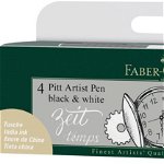 Marker permanent, 4buc/set, alb/negru, varf subtire, Pitt Artist Pen, Faber-Castell, Faber-Castell