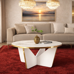 Masuta de cafea rotunda, blat tip marmura, cadru metalic auriu, design modern premium – 75x75x35 cm, Tenq.ro