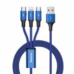 Cablu de date 3 in 1, Baseus, Incarcare rapida, 1.2 m, IP, Micro, Type-C, Aluminiu/Nylon, Albastru