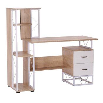 Masa pentru PC, Birou cu Raft lateral, doua sertare, cadru de fier, lemn MDF, alb si lemn 133x55x123cm HOMCOM | Aosom RO, HOMCOM