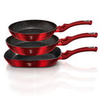 Set 3 tigai marmorate antiaderente, Burgundy Metalic Line Berlinger Haus BH 1289N, 1 tigaie grill + 2 tigai normale, 3 straturi de marmura