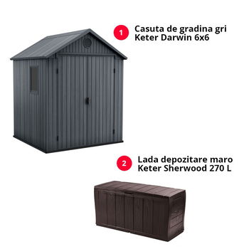 Pachet Keter Casuta De Gradina Gri Darwin 6x6 + Cutie Depozitare Sherwood 270 L, Keter