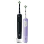 Set 2 x Periuta de dinti electrica Oral-B Vitality Pro, Curatare 2D, 3 programe, 1 Incarcator, 2 Capete, Negru/Violet, Oral-B