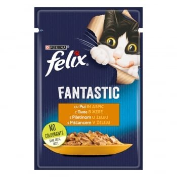 PURINA Felix Fantastic, Pui, hrană umedă pisici, (în aspic) PURINA Felix Fantastic, Pui, plic hrană umedă pisici, (în aspic), 85g, Felix