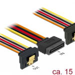 Cablu alimentare SATA 15 pini la 2 x SATA clips metalic unghi T-M, Delock 60145