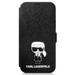 Husa Premium Originala Tip Carte Karl Lagerfeld iPhone 12 Mini Colectia Saffiano Ikonik Metal Negru - KLFLBKP12SIKMSBK CEL20239