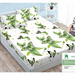 Husa de pat cu elastic 160x200 din Bumbac Finet + 2 Fete de Perna - Alb Fluturi Verzi, 