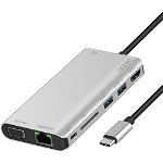 ONTEN Docking station USB-C 8 in 1, adaptor multiport cu 1Gbps Ethernet, HDMI 4K, VGA, PD, 2x USB 3.0, AUX 3.55mm, Cititor de carduri SD, pentru MacBook, Chromebook, USB-C laptop, argintiu, ONTEN