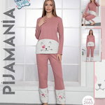 Pijama dama vatuita roz prafuit cu alb si imprimeu cocolino PJD070, 