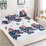 Husa de pat cu elastic din Bumbac Finet + 2 Fete de Perna, Blue Butterflies, JOJO HOME