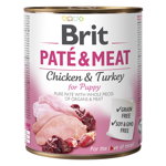 Brit Pate & Meat Puppy, Pui și Curcan, Conservă hrană umedă fără cereale câini junior, (pate cu bucăți de carne), 800g, Brit