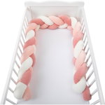 Protectie laterala, Bubaba, Pentru patut bebe, Tip Bumper impletit, Din bumbac, 235x15 cm, Pink/White