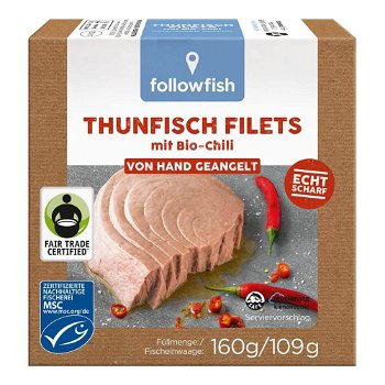 File de ton cu chilli in ulei de floarea soarelui Followfish, 160 g, natural, Followfish
