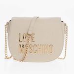 Moschino Love Faux Leather Saddle Bag With Golden Chain And Maxi Logo Beige, Moschino