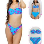 Costum de baie trei piese Maggie, imprimeu abstract si sutien cu push up, Albastru, FashionForYou