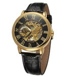 Ceas Barbati Automatic fara Baterie Negru cu curea de piele neagra si cadran Gold Forsining CBFR001