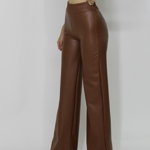 Pantaloni evazati Aris, din piele ecologica, cu banda elastica in talie, Maro, FashionForYou