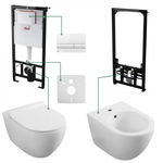 Set vas wc cu capac soft close si cu bideu, rezervor incastrat plus clapeta alba si izolare fonica, Minerva, Fluminia