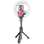 Selfie stick si trepied cu inel Led Puluz cu iluminat dublu pentru telefon, Bluetooth 4.0, 2900K-6500K, Negru