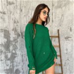 Pulover lung tricotat Laura, cu decupaje in material, Verde, Marime universala S/M/L, FashionForYou