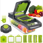 Tocator de legume, Multifunctional, 14 in 1, lame din otel inoxidabil si maner protectie, Gri/Verde, 