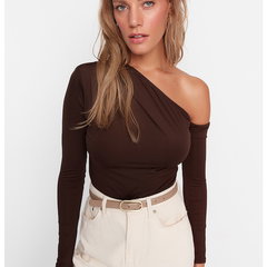 Trendyol Collection Black Asymmetrical Neckline Long Sleeve Stretchy Bottom Snap Knitted Bodysuit Twoaw22Bd0080