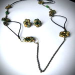 Set colier + cercei floricele verde cu auriu, AHGL12581