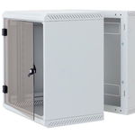 Rack de perete Triton sectiune simpla 9U 600mm adancime usa sticla panouri laterale fixe sectiuni ventilatie activa, sectiuni acces cabluri sus/jos/spate securizare cu cheie, 1 pereche montanti reglabili IP30 gri, TRITON