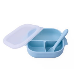 Set diversificare pentru copii farfurie compartimentata cu ventuza capac si lingurita din silicon Oaki bleu, Oaki