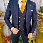 Costum bleumarin cu butoni aurii: Sacou, Vesta si Pantalon - C3420, 