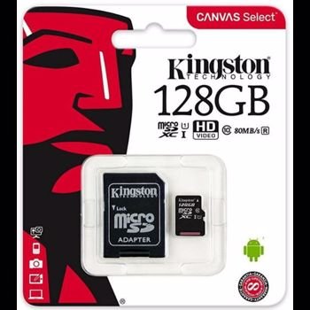 Kingston Canvas Select (SDCS/128GB) MicroSDClass 10 UHS-I Speeds Up to 80 MB/s Read (SD Adapter Included) - Bring Your HD Videos to Life