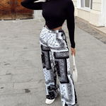 Trening Dama din 3 Pie se, Batic, Tode p Negru cu Brau Tip Corset, si Pantaloni Oversize cu Print Bandana, Yin-Yang, Negru