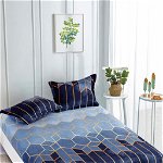 Husa de pat cu elastic cocolino + 2 Fete de Perna, Geometric Blue, JOJO HOME