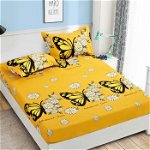 Husa de pat cu elastic din Bumbac Finet + 2 Fete de Perna, Yellow Butterflies, JOJO HOME