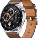 Smartwatch Huawei Watch GT 3 Classic, Display AMOLED 1.43", 32MB RAM, 4GB Flash, Bluetooth, GPS, Carcasa Otel, Bratara piele, Rezistent la apa, Android/iOS (Maro)
