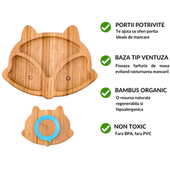 Farfurie vulpita Oaki din bambus organic cu baza tip ventuza Roz, Oaki