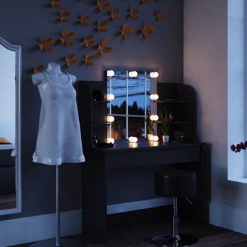 SEN221 - Set Masa neagra toaleta, 108 cm, cosmetica machiaj oglinda masuta vanity, oglinda cu sau fara LED, cu sau fara scaun